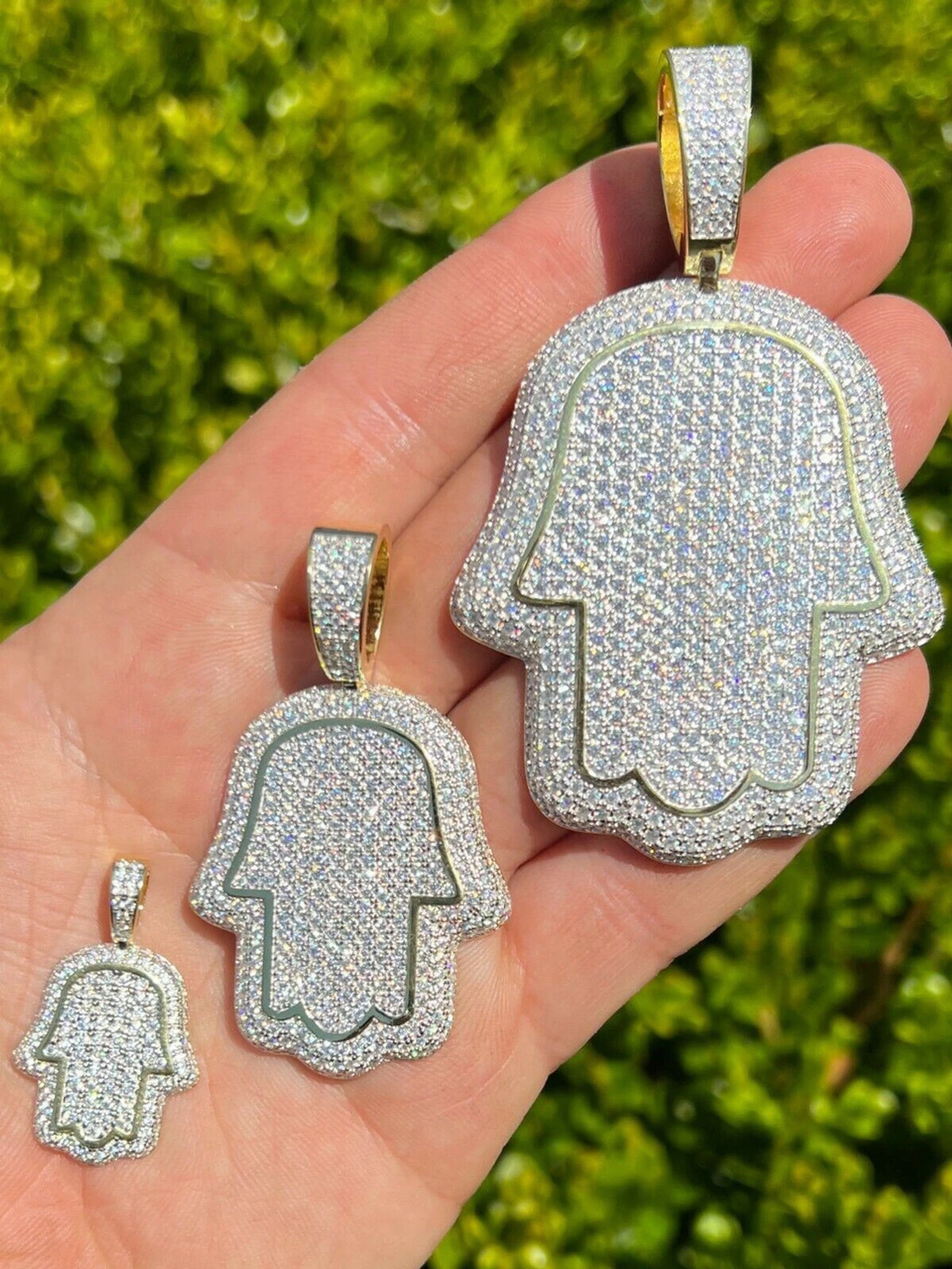 Real 14k Gold Vermeil 925 Silver God's Hand Hamsa Iced Diamond Pendant Necklace 3 Real 14k Gold Vermeil 925 Silver God's Hand Hamsa Iced Diamond Pendant Necklace