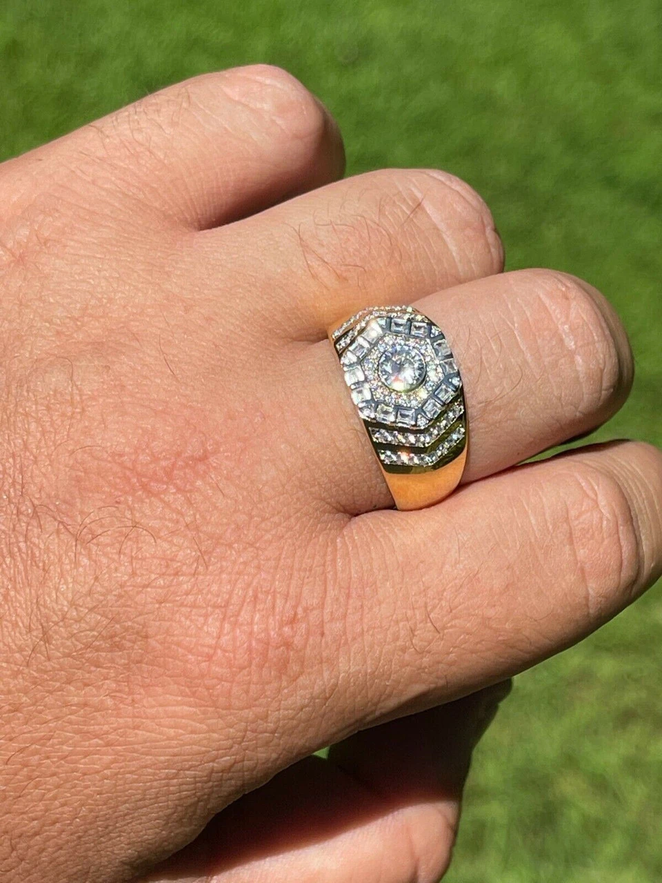 Real 14k Gold Vermeil 925 Silver Out Iced Diamond Hip Hop Solitaire Ring Men's 7 Real 14k Gold Vermeil 925 Silver Out Iced Diamond Hip Hop Solitaire Ring Men's - Image 5