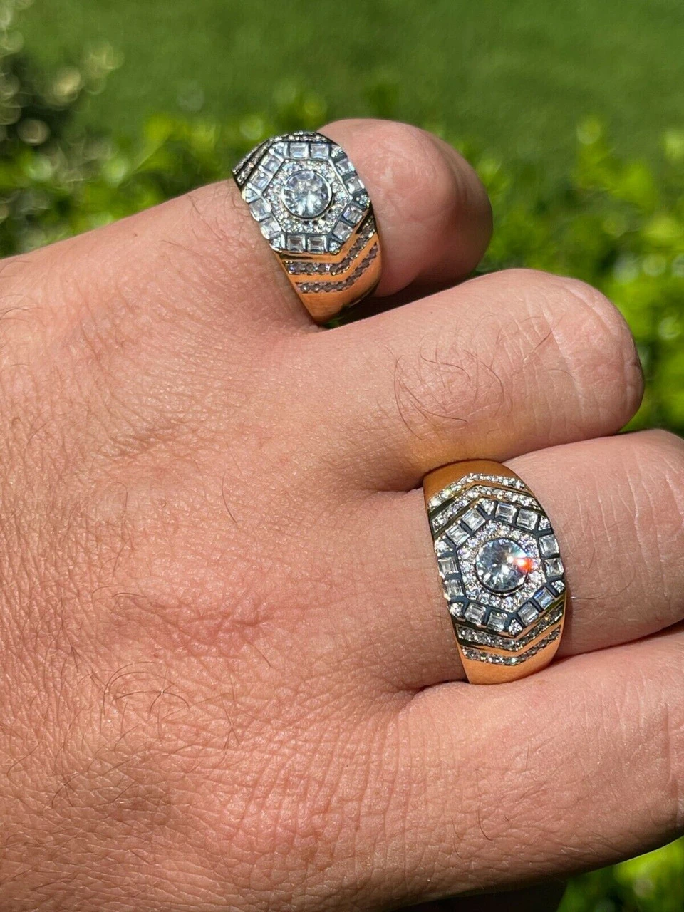 Real 14k Gold Vermeil 925 Silver Out Iced Diamond Hip Hop Solitaire Ring Men's 4 Real 14k Gold Vermeil 925 Silver Out Iced Diamond Hip Hop Solitaire Ring Men's - Image 2