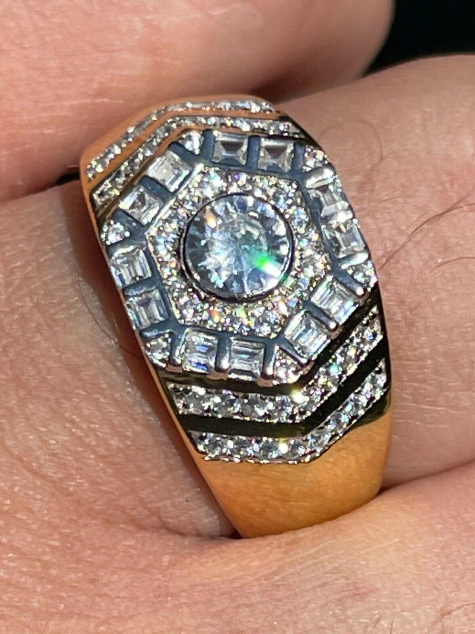 Real 14k Gold Vermeil 925 Silver Out Iced Diamond Hip Hop Solitaire Ring Men's 3 Real 14k Gold Vermeil 925 Silver Out Iced Diamond Hip Hop Solitaire Ring Men's