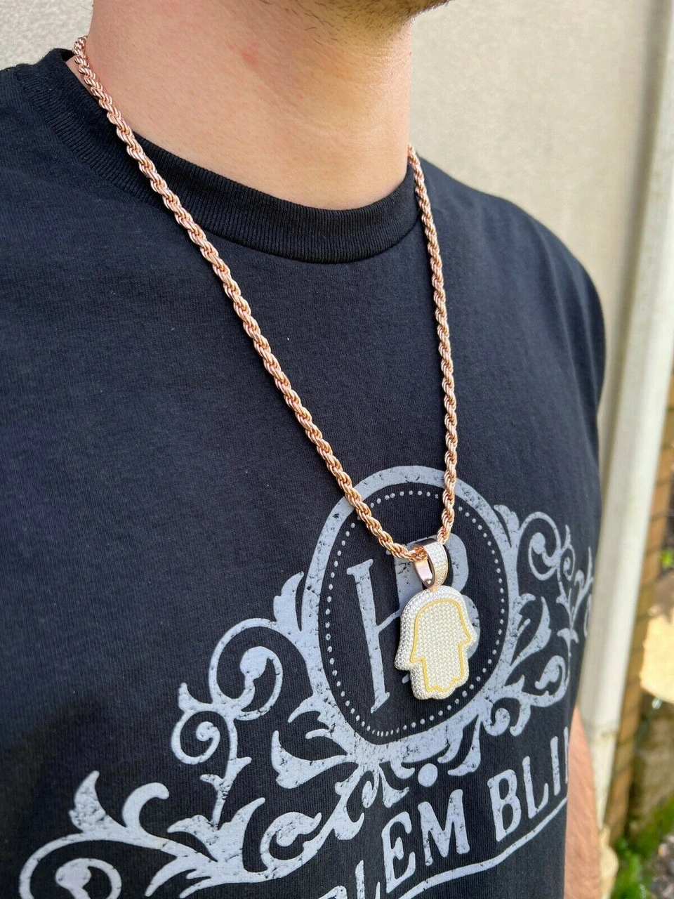 Real 14k Rose Gold Over 925 Silver Hamsa Hand Out Iced Diamond Pendant Necklace 8 Real 14k Rose Gold Over 925 Silver Hamsa Hand Out Iced Diamond Pendant Necklace - Image 6