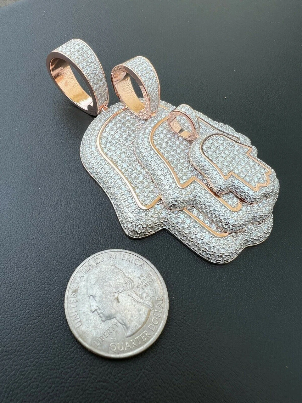Real 14k Rose Gold Over 925 Silver Hamsa Hand Out Iced Diamond Pendant Necklace 12 Real 14k Rose Gold Over 925 Silver Hamsa Hand Out Iced Diamond Pendant Necklace - Image 10
