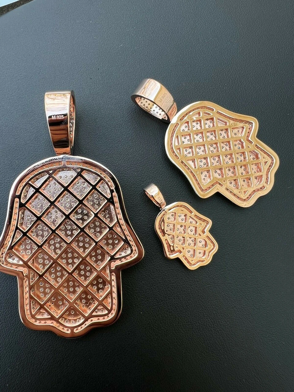 Real 14k Rose Gold Over 925 Silver Hamsa Hand Out Iced Diamond Pendant Necklace 11 Real 14k Rose Gold Over 925 Silver Hamsa Hand Out Iced Diamond Pendant Necklace - Image 9
