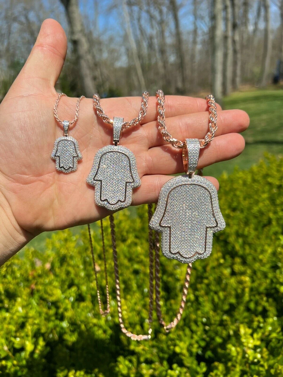 Real 14k Rose Gold Over 925 Silver Hamsa Hand Out Iced Diamond Pendant Necklace 5 Real 14k Rose Gold Over 925 Silver Hamsa Hand Out Iced Diamond Pendant Necklace - Image 3