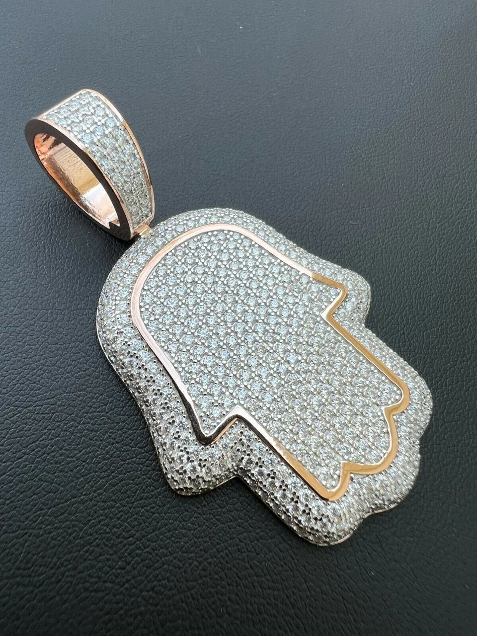 Real 14k Rose Gold Over 925 Silver Hamsa Hand Out Iced Diamond Pendant Necklace 10 Real 14k Rose Gold Over 925 Silver Hamsa Hand Out Iced Diamond Pendant Necklace - Image 8