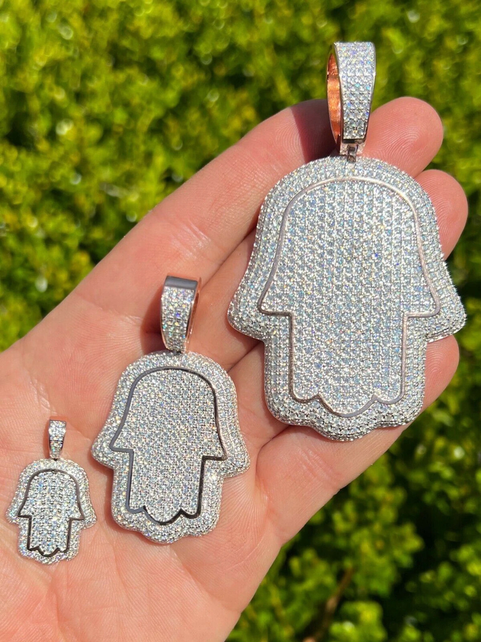 Real 14k Rose Gold Over 925 Silver Hamsa Hand Out Iced Diamond Pendant Necklace 3 Real 14k Rose Gold Over 925 Silver Hamsa Hand Out Iced Diamond Pendant Necklace