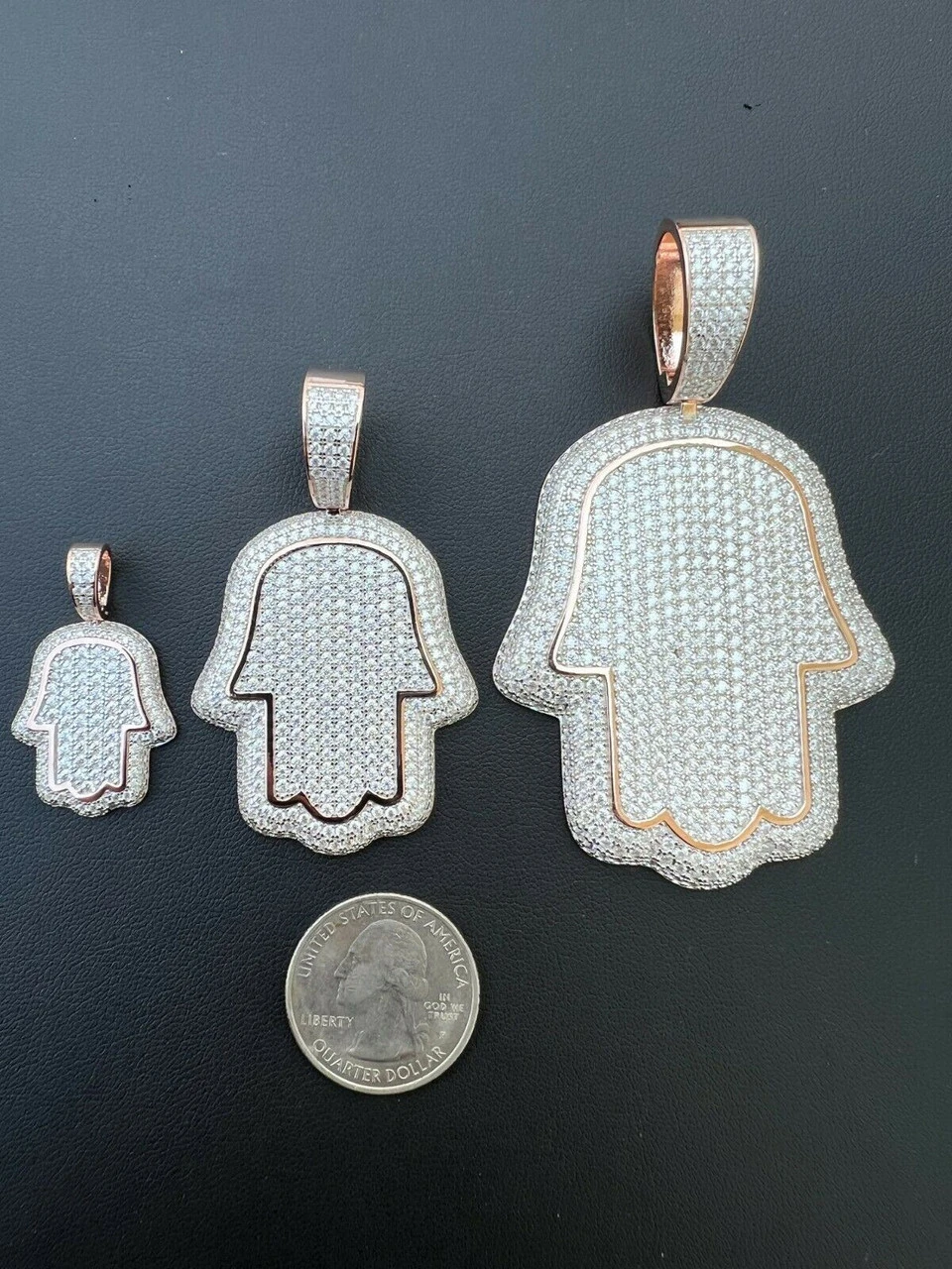 Real 14k Rose Gold Over 925 Silver Hamsa Hand Out Iced Diamond Pendant Necklace 9 Real 14k Rose Gold Over 925 Silver Hamsa Hand Out Iced Diamond Pendant Necklace - Image 7