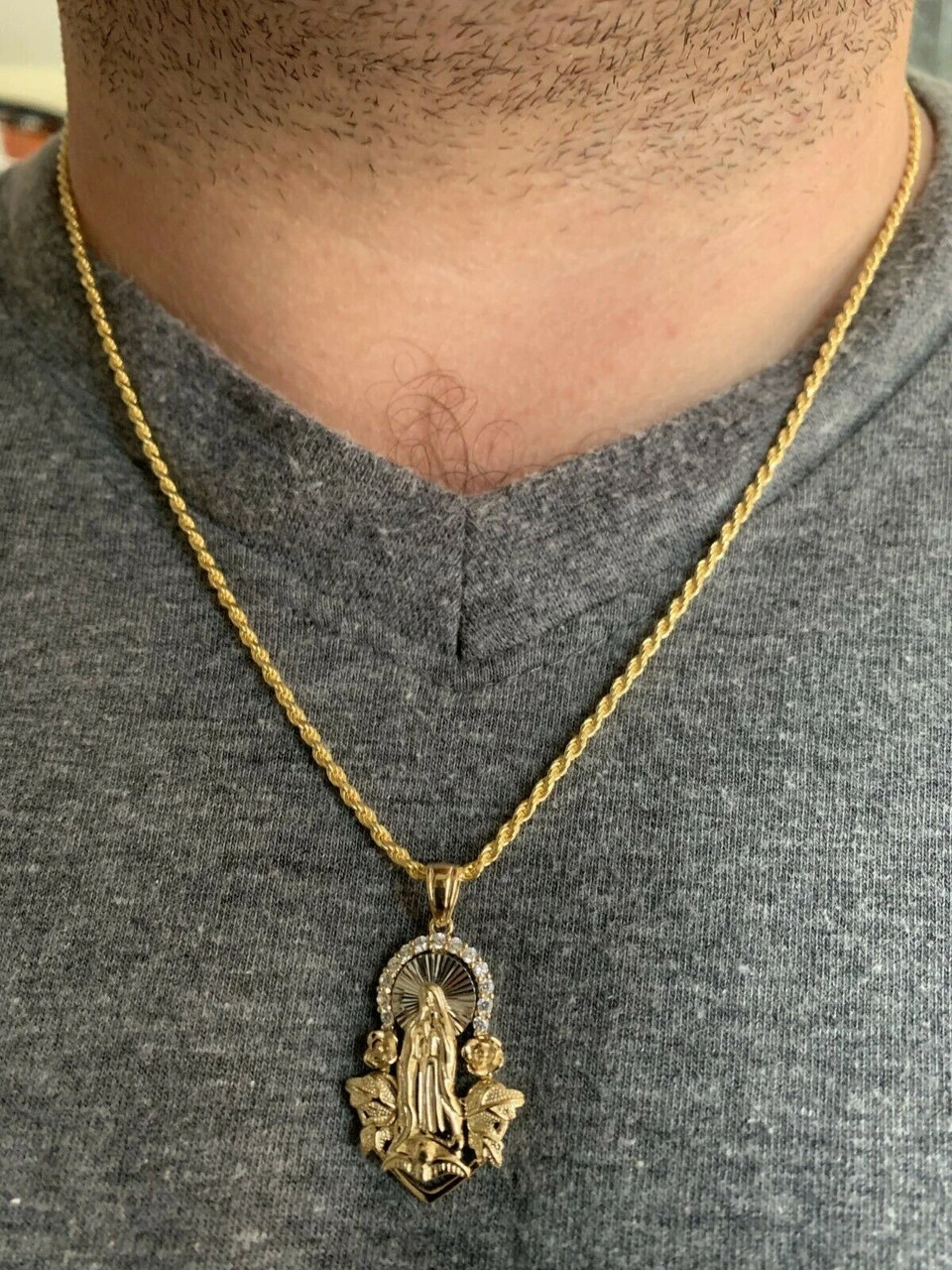 Real 14k Yellow Gold Over 925 Silver Virgin Mary Pendant Iced Hip Hop Men Ladies 4 Real 14k Yellow Gold Over 925 Silver Virgin Mary Pendant Iced Hip Hop Men Ladies - Image 2