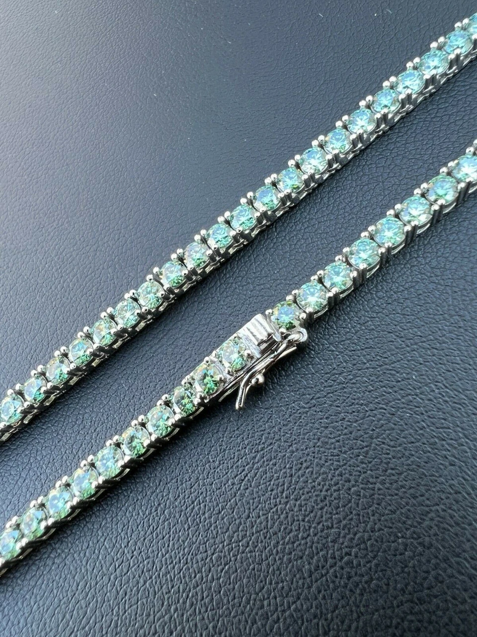 REAL 3mm Blue Green MOISSANITE Tennis Chain Necklace - Pass Diamond Test 14-24" 4 REAL 3mm Blue Green MOISSANITE Tennis Chain Necklace - Pass Diamond Test 14-24" - Image 2