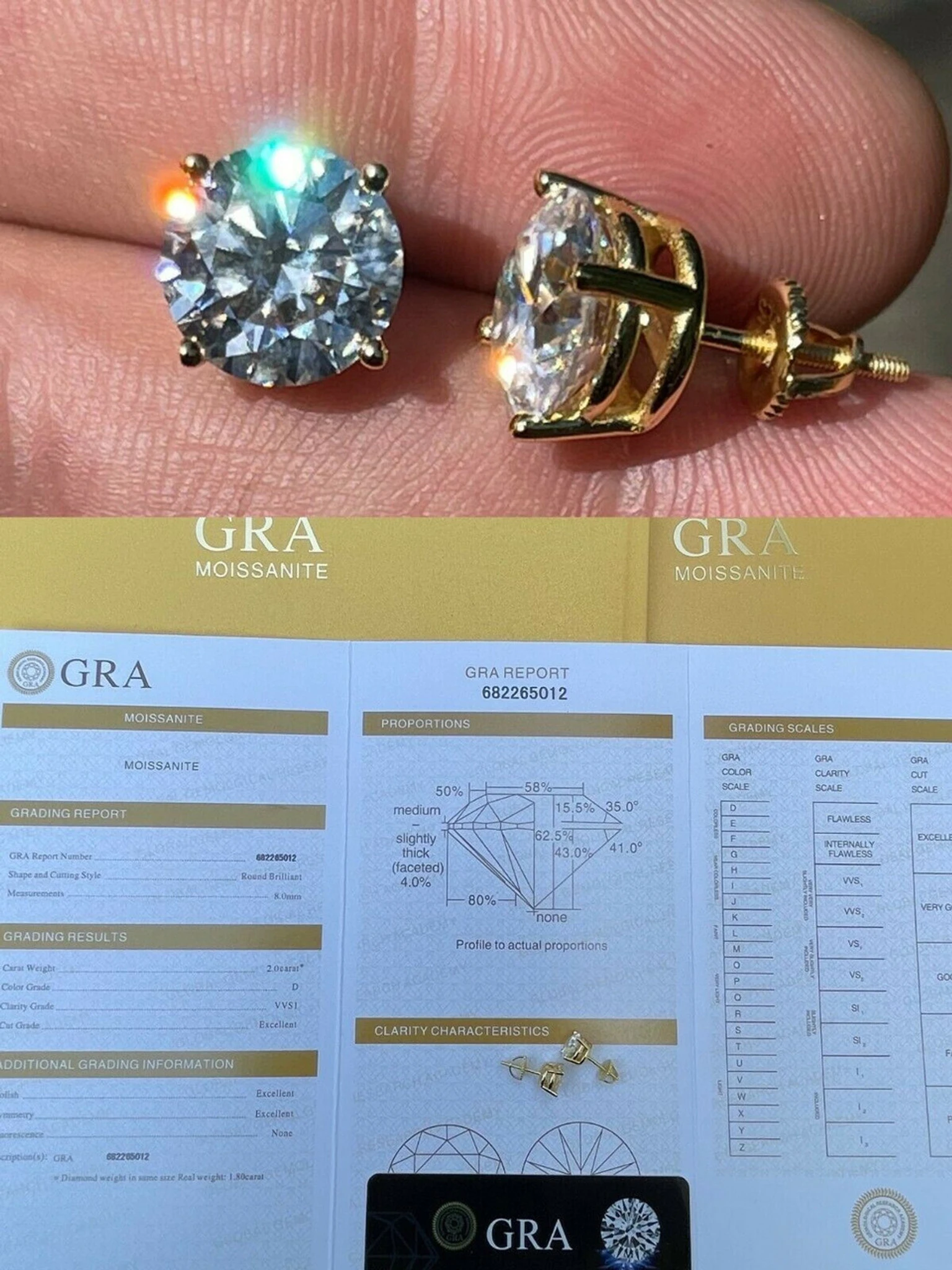 Real 4ct TW Moissanite Solitaire Stud Earrings 14k Gold Vermeil - GRA D VVS1 8mm 3 Real 4ct TW Moissanite Solitaire Stud Earrings 14k Gold Vermeil - GRA D VVS1 8mm