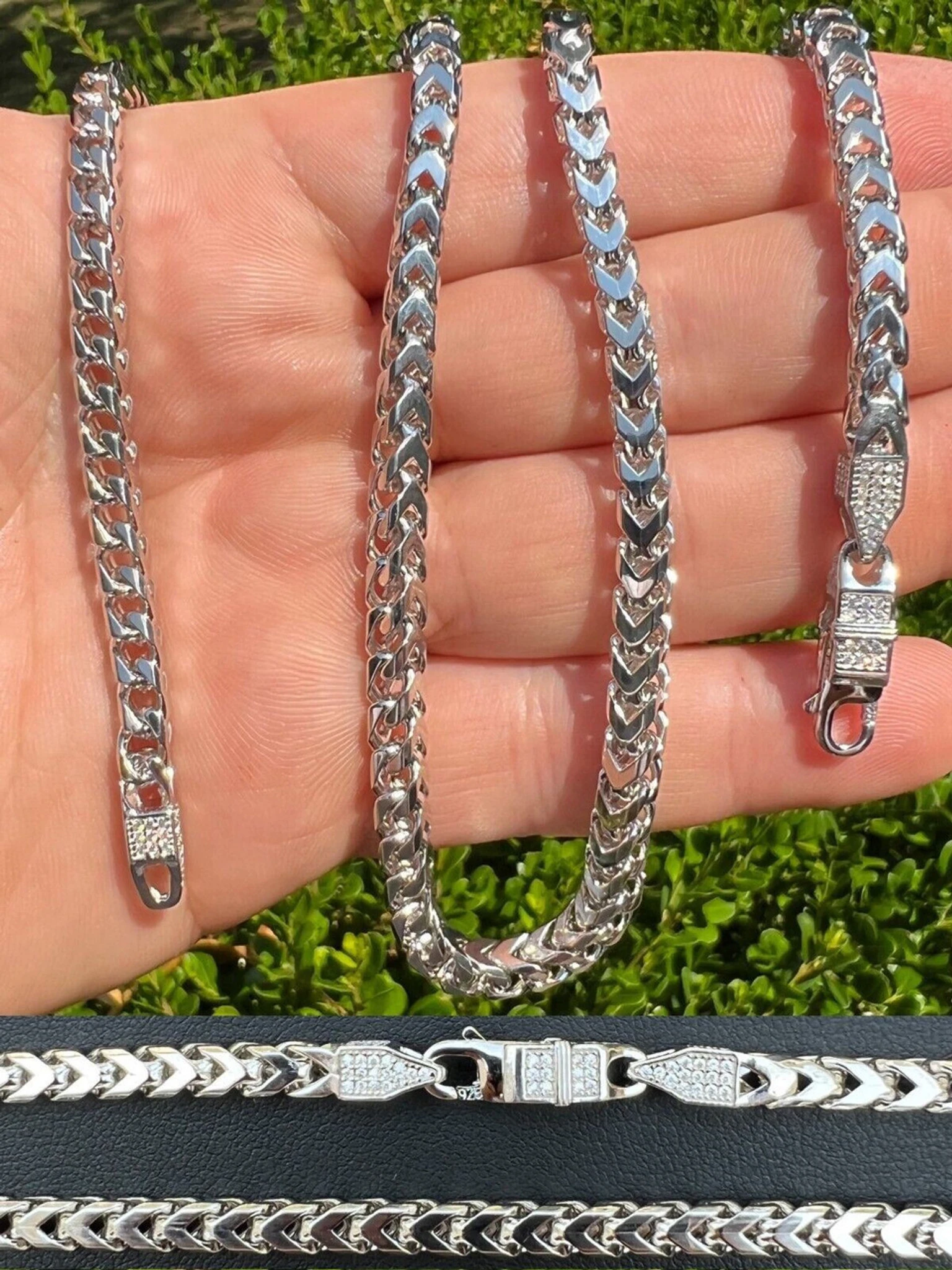 Real 5mm Franco Chain Necklace Bracelet Solid 925 Silver Iced MOISSANITE Clasp 3 Real 5mm Franco Chain Necklace Bracelet Solid 925 Silver Iced MOISSANITE Clasp
