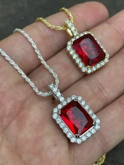 Real 925 Silver / 14k Gold Mens Ruby Necklace Iced Out