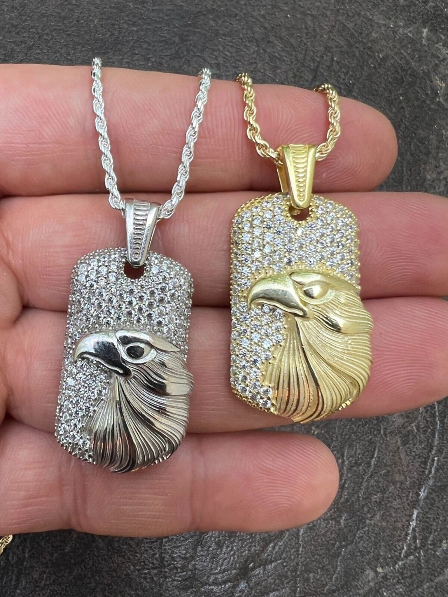 Real 925 Silver / 14k Gold Plated American Bald Eagle Bird Pendant Necklace Iced 3 Real 925 Silver / 14k Gold Plated American Bald Eagle Bird Pendant Necklace Iced