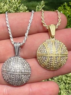 Real 925 Silver / 14k Gold Plated Basketball Pendant Necklace Mens Ladies Iced