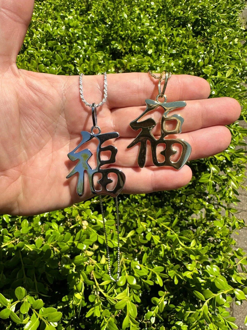 Real 925 Silver / 14k Gold Plated Chinese FU Symbol Good Luck Fortune 2" Pendant 6 Real 925 Silver / 14k Gold Plated Chinese FU Symbol Good Luck Fortune 2" Pendant - Image 4