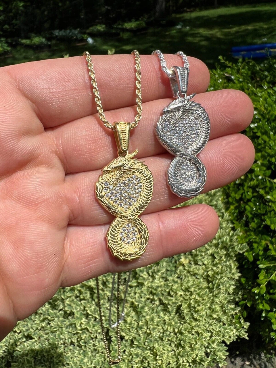 Real 925 Silver / 14k Gold Plated Dragon Infinite Flame Pendant Necklace Iced 12 Real 925 Silver / 14k Gold Plated Dragon Infinite Flame Pendant Necklace Iced - Image 10