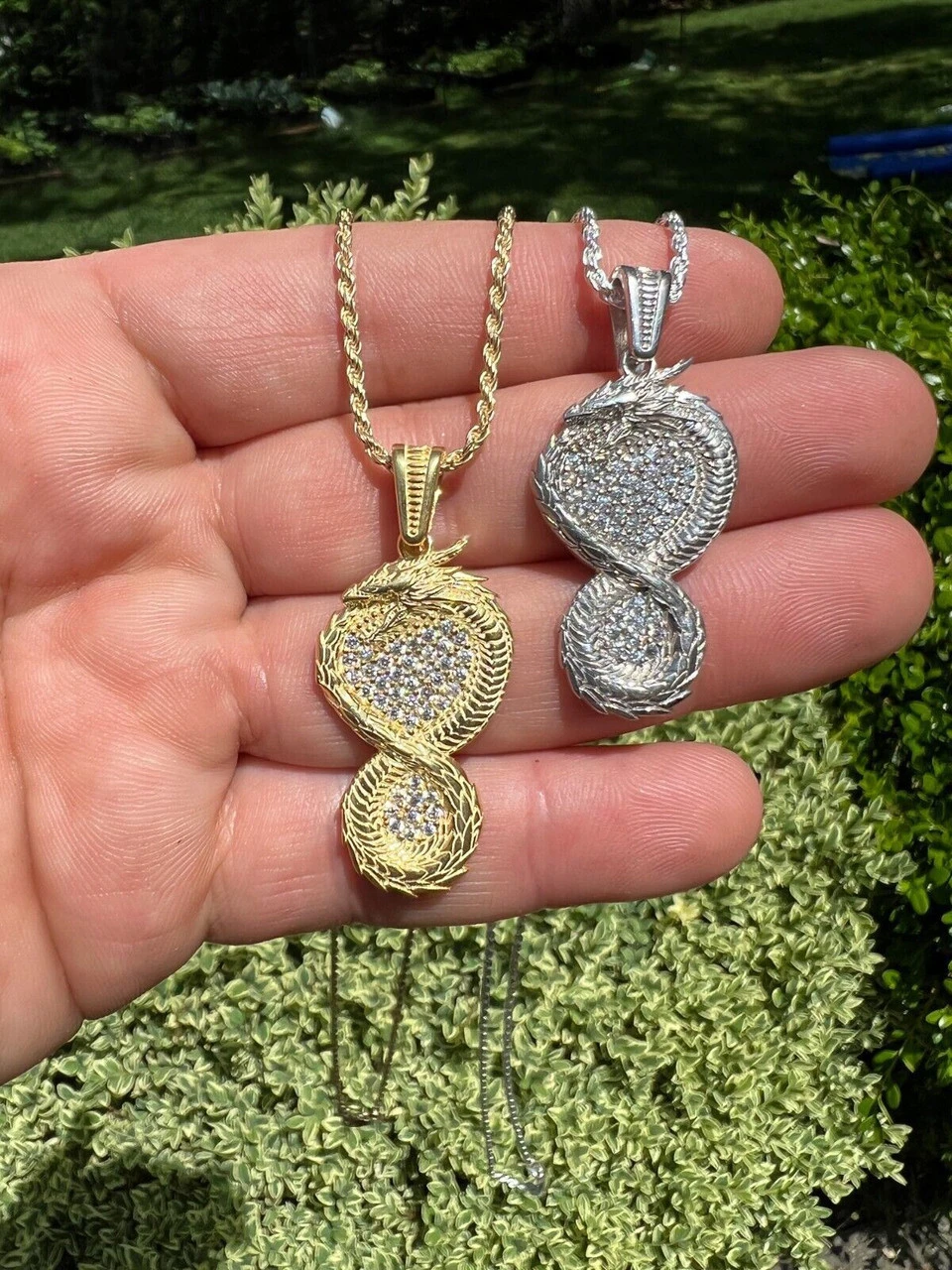 Real 925 Silver / 14k Gold Plated Dragon Infinite Flame Pendant Necklace Iced 11 Real 925 Silver / 14k Gold Plated Dragon Infinite Flame Pendant Necklace Iced - Image 9