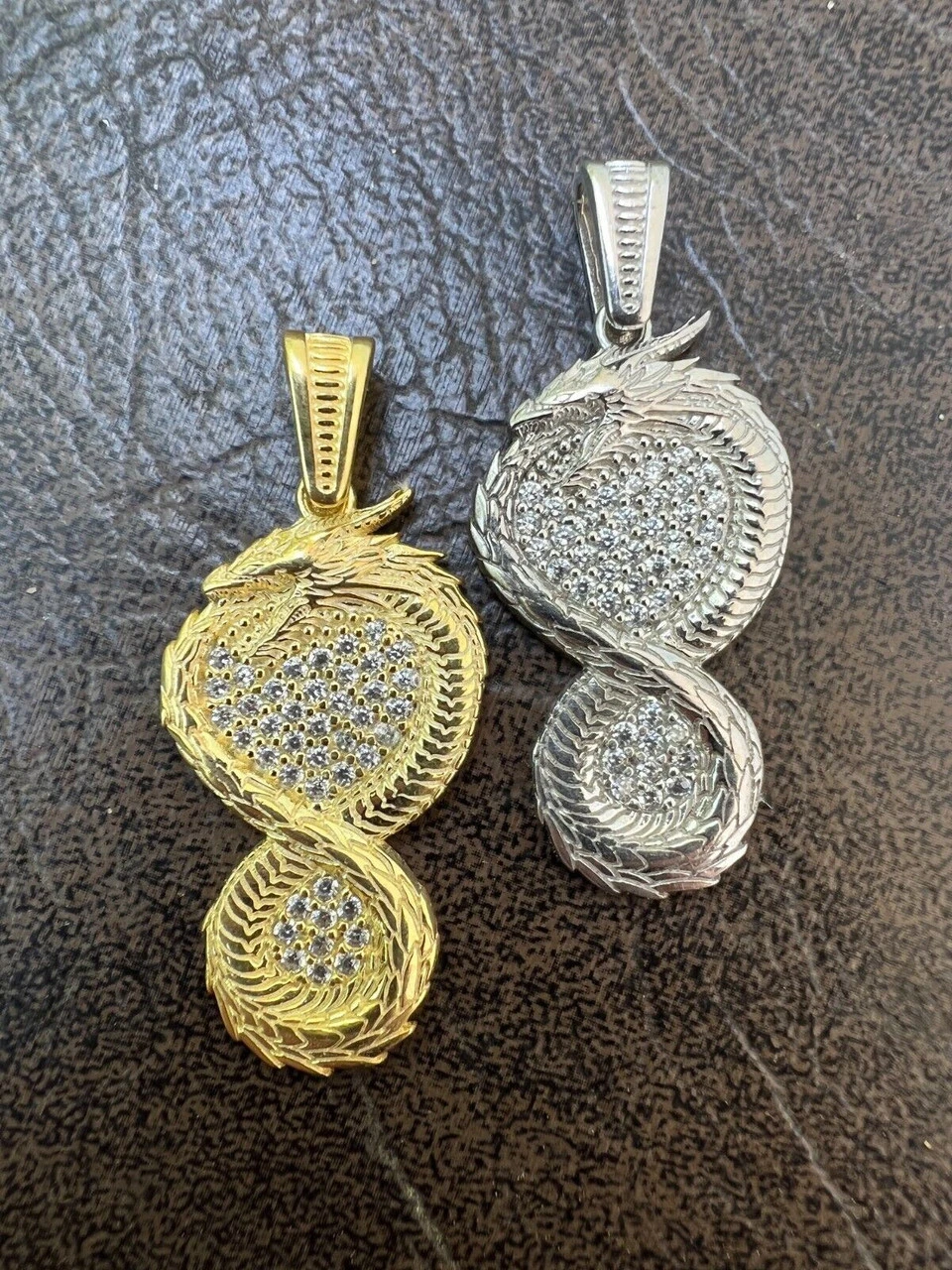 Real 925 Silver / 14k Gold Plated Dragon Infinite Flame Pendant Necklace Iced 4 Real 925 Silver / 14k Gold Plated Dragon Infinite Flame Pendant Necklace Iced - Image 2