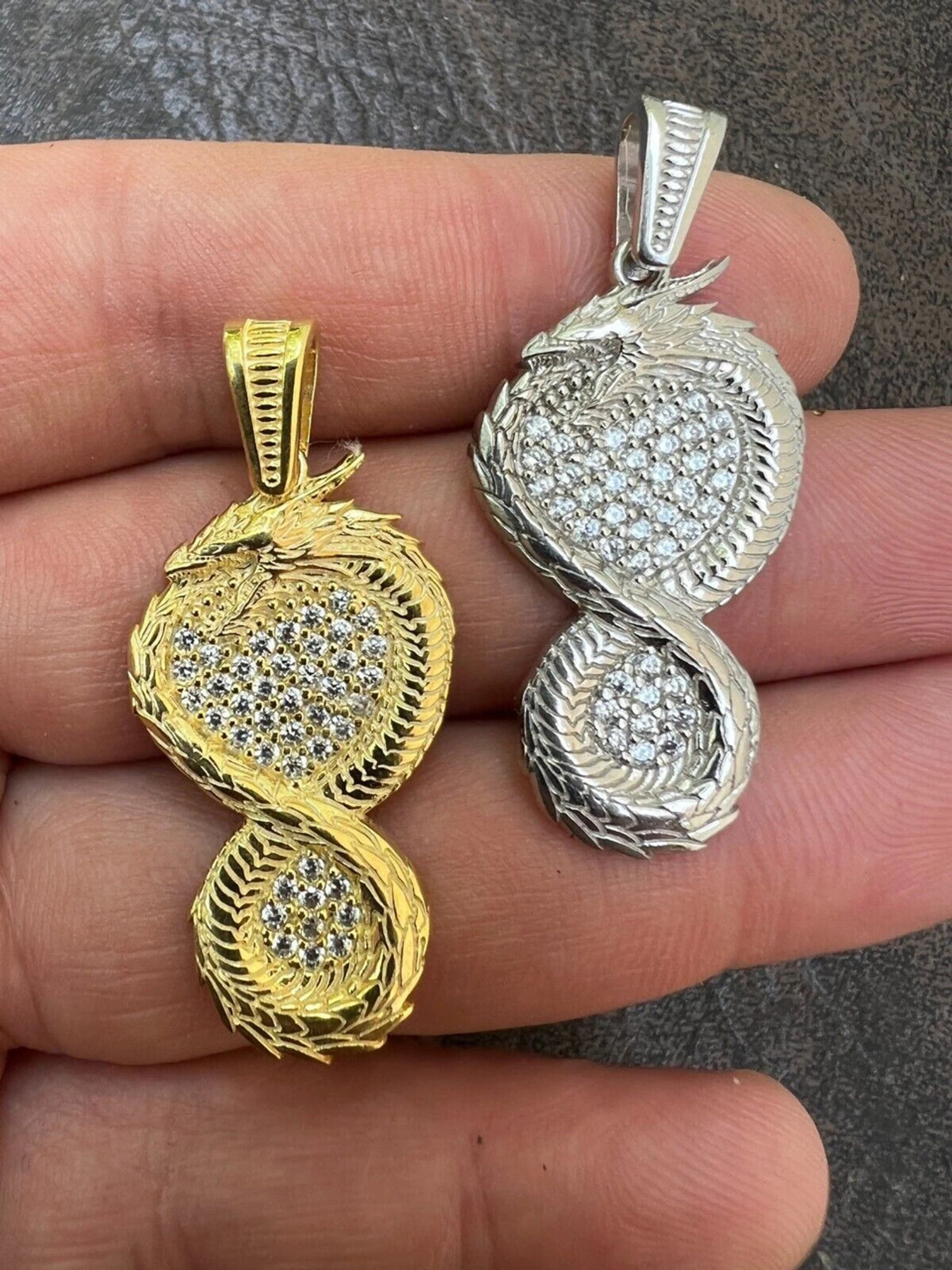 Real 925 Silver / 14k Gold Plated Dragon Infinite Flame Pendant Necklace Iced 3 Real 925 Silver / 14k Gold Plated Dragon Infinite Flame Pendant Necklace Iced