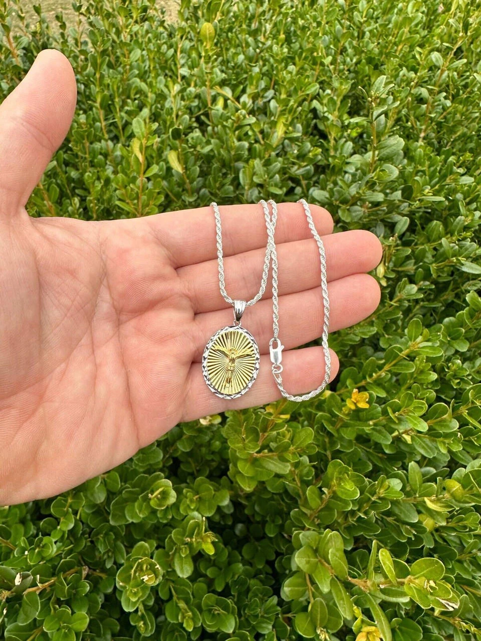 Real 925 Silver 14k Gold Plated Jesus Medallion Pendant Diamond Cut Necklace 12 Real 925 Silver 14k Gold Plated Jesus Medallion Pendant Diamond Cut Necklace - Image 10