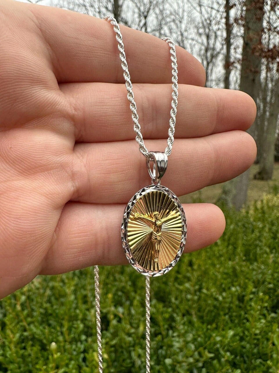 Real 925 Silver 14k Gold Plated Jesus Medallion Pendant Diamond Cut Necklace 4 Real 925 Silver 14k Gold Plated Jesus Medallion Pendant Diamond Cut Necklace - Image 2