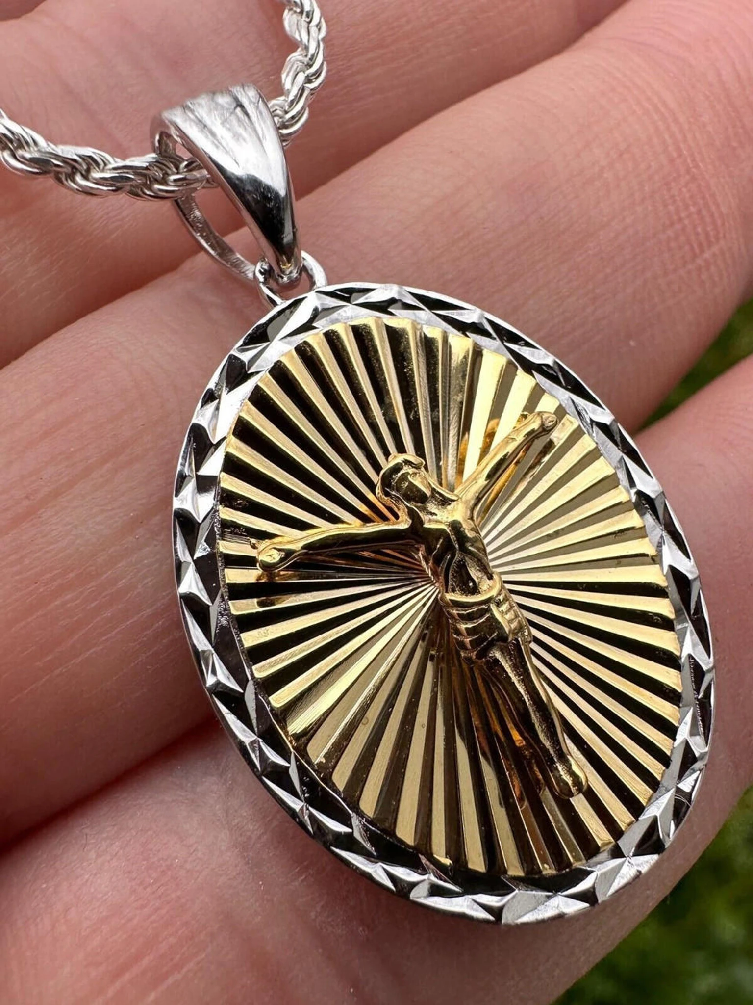 Real 925 Silver 14k Gold Plated Jesus Medallion Pendant Diamond Cut Necklace 3 Real 925 Silver 14k Gold Plated Jesus Medallion Pendant Diamond Cut Necklace