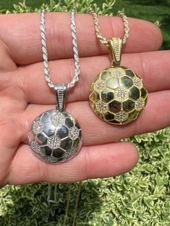 Real 925 Silver / 14k Gold Plated Soccer Ball Futbol Pendant Necklace Charm Iced