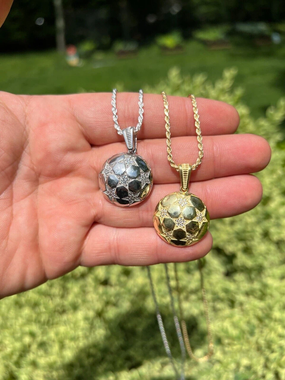 Real 925 Silver / 14k Gold Plated Soccer Ball Futbol Star Pendant Necklace Iced 4 Real 925 Silver / 14k Gold Plated Soccer Ball Futbol Star Pendant Necklace Iced - Image 2