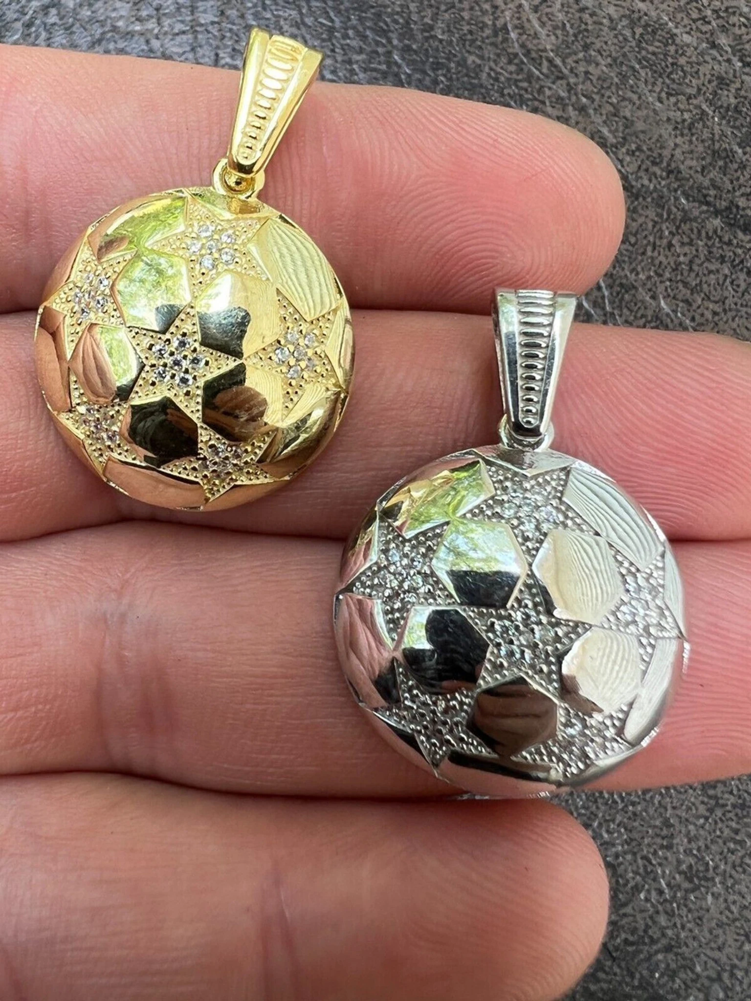 Real 925 Silver / 14k Gold Plated Soccer Ball Futbol Star Pendant Necklace Iced 3 Real 925 Silver / 14k Gold Plated Soccer Ball Futbol Star Pendant Necklace Iced