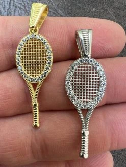 Real 925 Silver / 14k Gold Plated Tennis Racket Pendant Necklace Mens Ladies Ice