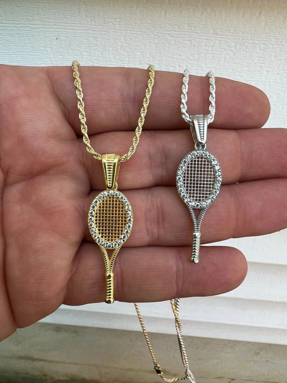 Real 925 Silver / 14k Gold Plated Tennis Racket Pendant Necklace Mens Ladies Ice 11 Real 925 Silver / 14k Gold Plated Tennis Racket Pendant Necklace Mens Ladies Ice - Image 9