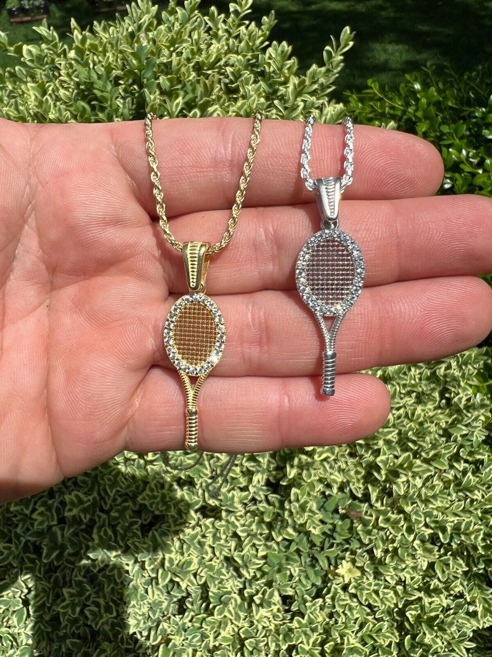 Real 925 Silver / 14k Gold Plated Tennis Racket Pendant Necklace Mens Ladies Ice 4 Real 925 Silver / 14k Gold Plated Tennis Racket Pendant Necklace Mens Ladies Ice - Image 2
