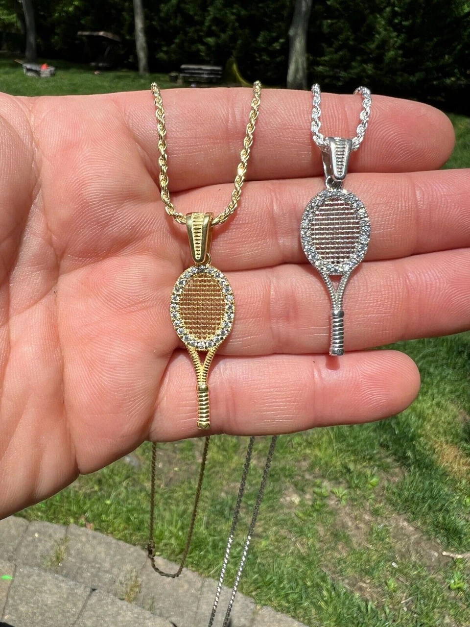 Real 925 Silver / 14k Gold Plated Tennis Racket Pendant Necklace Mens Ladies Ice 14 Real 925 Silver / 14k Gold Plated Tennis Racket Pendant Necklace Mens Ladies Ice - Image 12