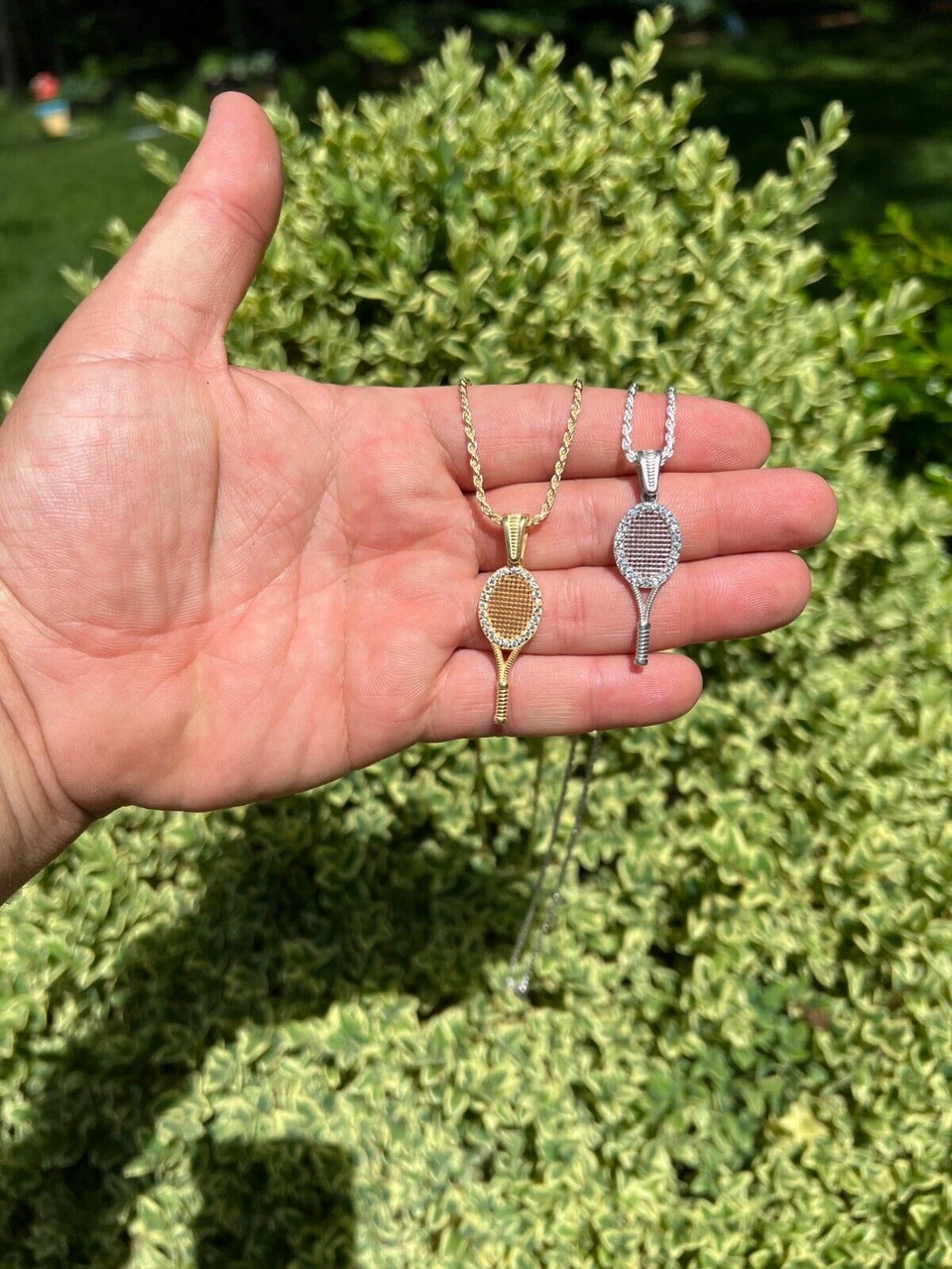 Real 925 Silver / 14k Gold Plated Tennis Racket Pendant Necklace Mens Ladies Ice 12 Real 925 Silver / 14k Gold Plated Tennis Racket Pendant Necklace Mens Ladies Ice - Image 10