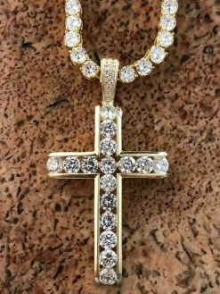 Real 925 Silver Gold Iced Channel Set Mens Hip Hop Tennis Cross Pendant Necklace -Harlem Bling Shop harlembling real 925 silver gold iced channel set mens hip hop tennis cross pendant necklace 35915.1664355260