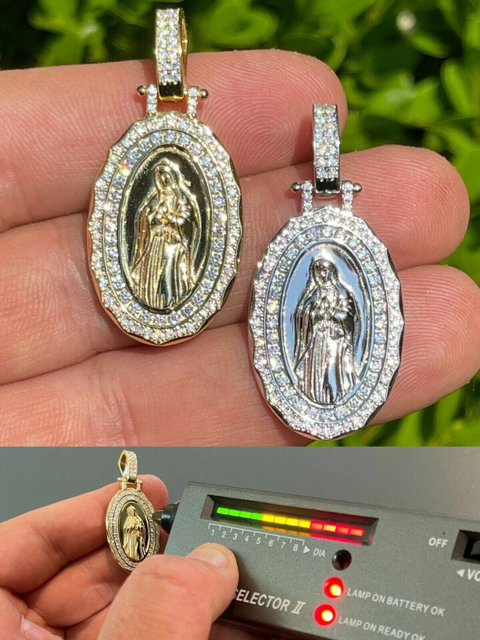 Real 925 Silver / Gold MOISSANITE Virgin Mary Necklace Pendant Iced Medallion 3 Real 925 Silver / Gold MOISSANITE Virgin Mary Necklace Pendant Iced Medallion