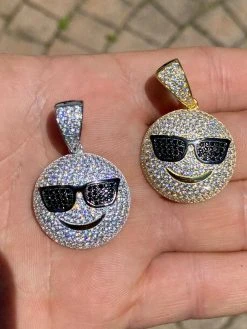 Real 925 Silver Hip Hop Cool Pendant Necklace Iced Smiley W. Sunglasses Emoji