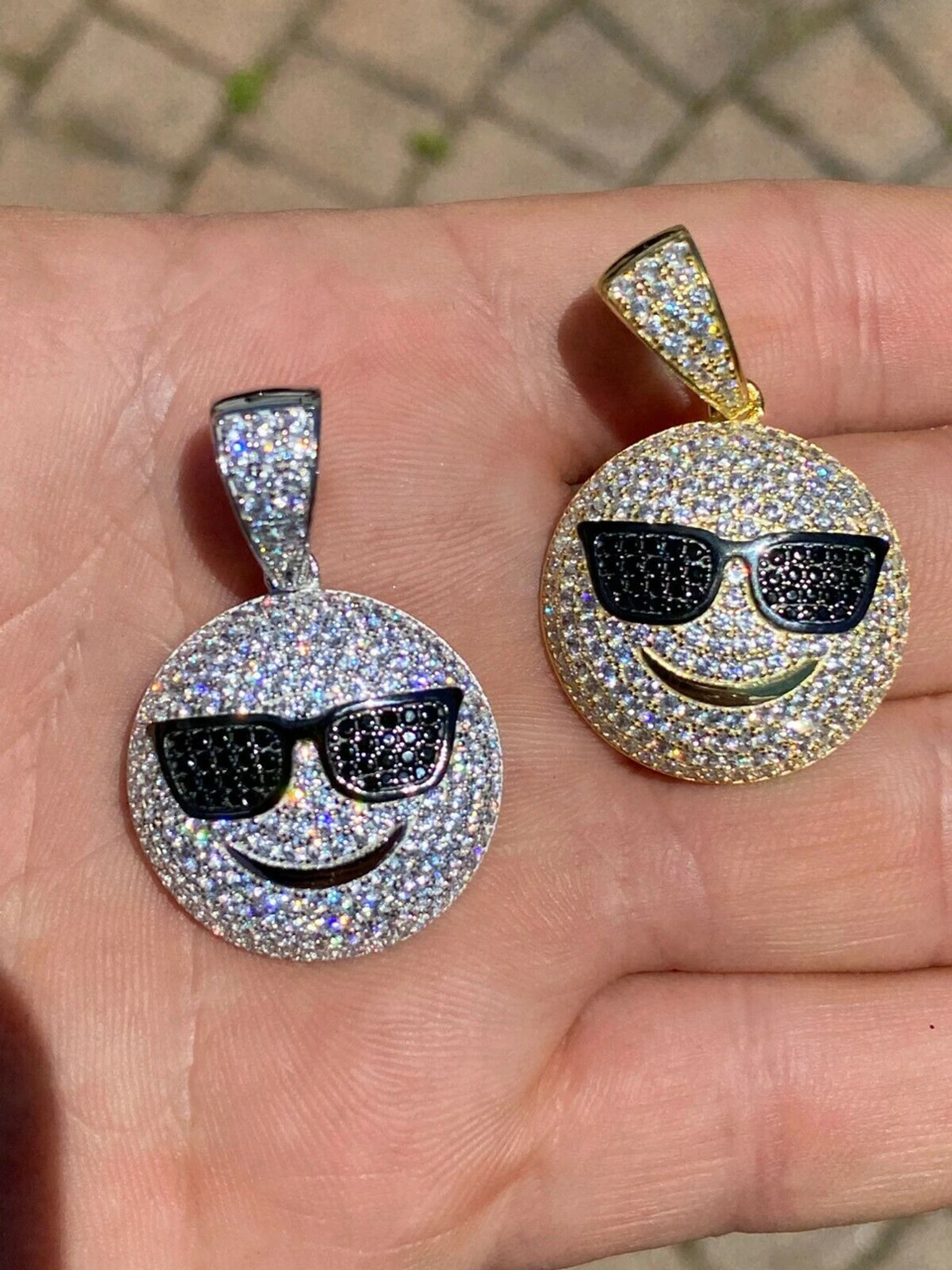 Real 925 Silver Hip Hop Cool Pendant Necklace Iced Smiley W. Sunglasses Emoji 3 Real 925 Silver Hip Hop Cool Pendant Necklace Iced Smiley W. Sunglasses Emoji