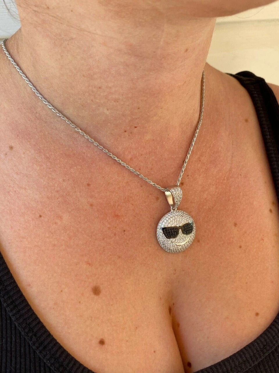 Real 925 Silver Hip Hop Cool Pendant Necklace Iced Smiley W. Sunglasses Emoji 8 Real 925 Silver Hip Hop Cool Pendant Necklace Iced Smiley W. Sunglasses Emoji - Image 6