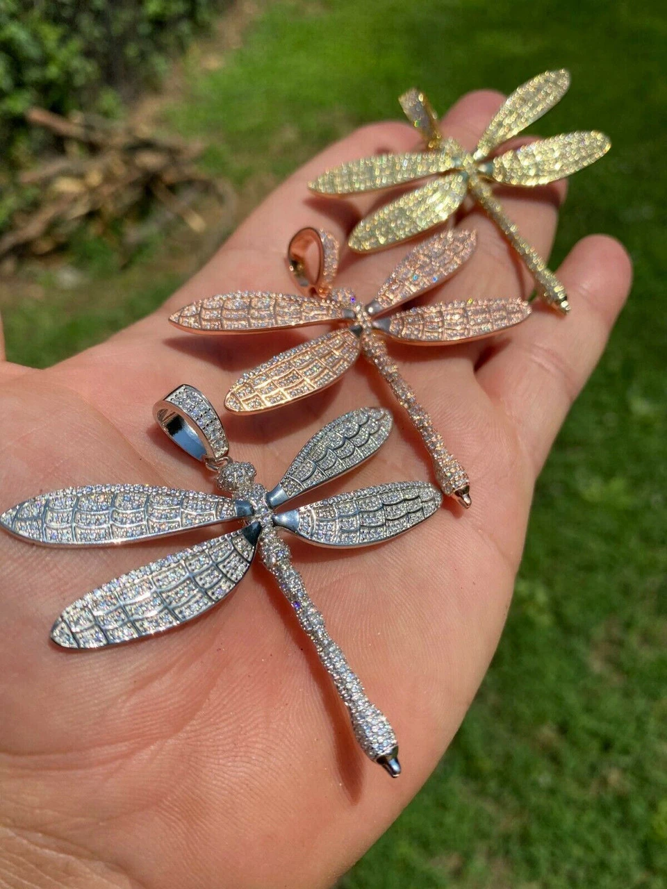 Real 925 Silver Hip Hop Dragonfly Piece Ladies Iced Gold Or Rose Necklace BIG 6 Real 925 Silver Hip Hop Dragonfly Piece Ladies Iced Gold Or Rose Necklace BIG - Image 4