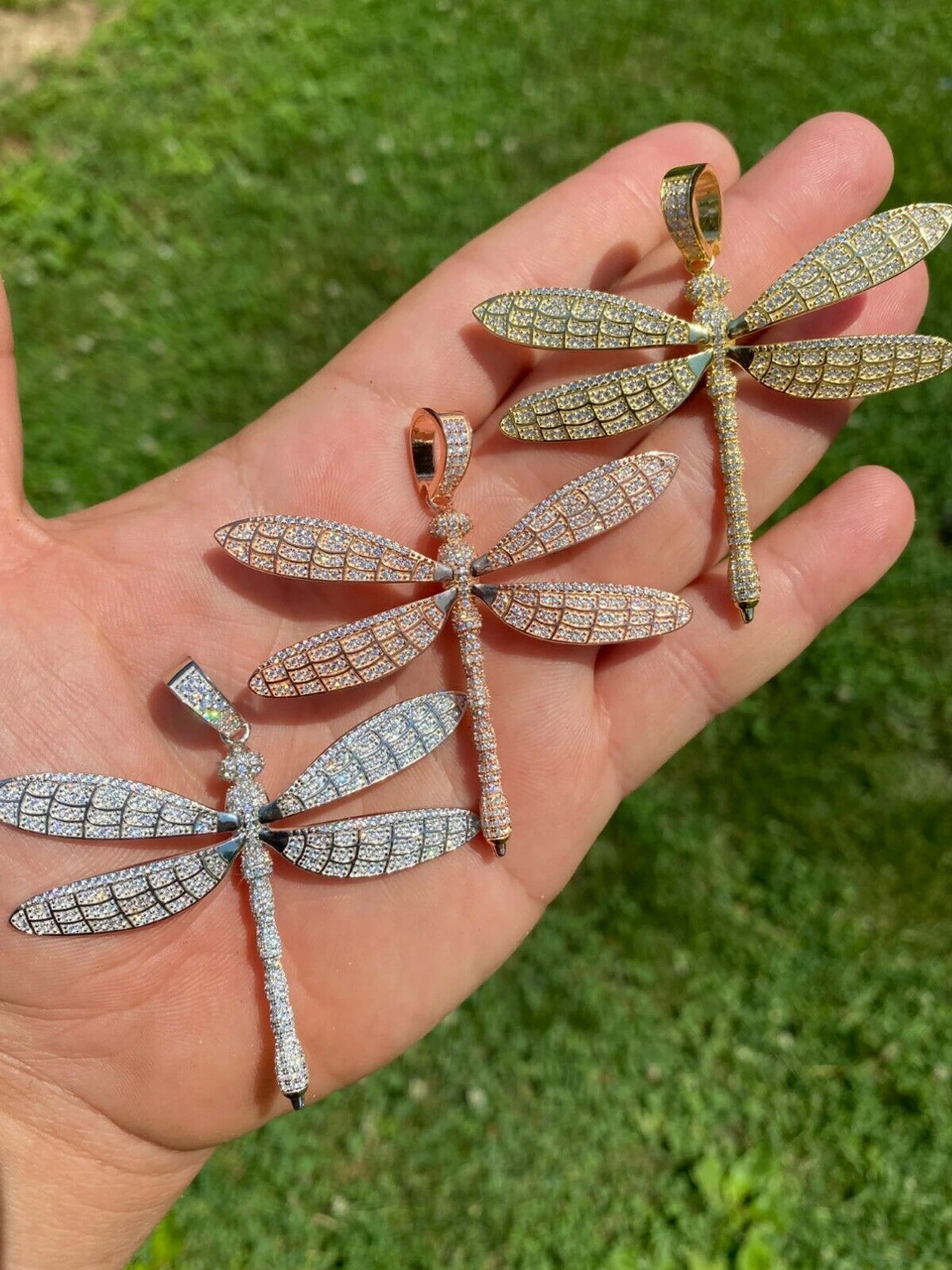 Real 925 Silver Hip Hop Dragonfly Piece Ladies Iced Gold Or Rose Necklace BIG 3 Real 925 Silver Hip Hop Dragonfly Piece Ladies Iced Gold Or Rose Necklace BIG