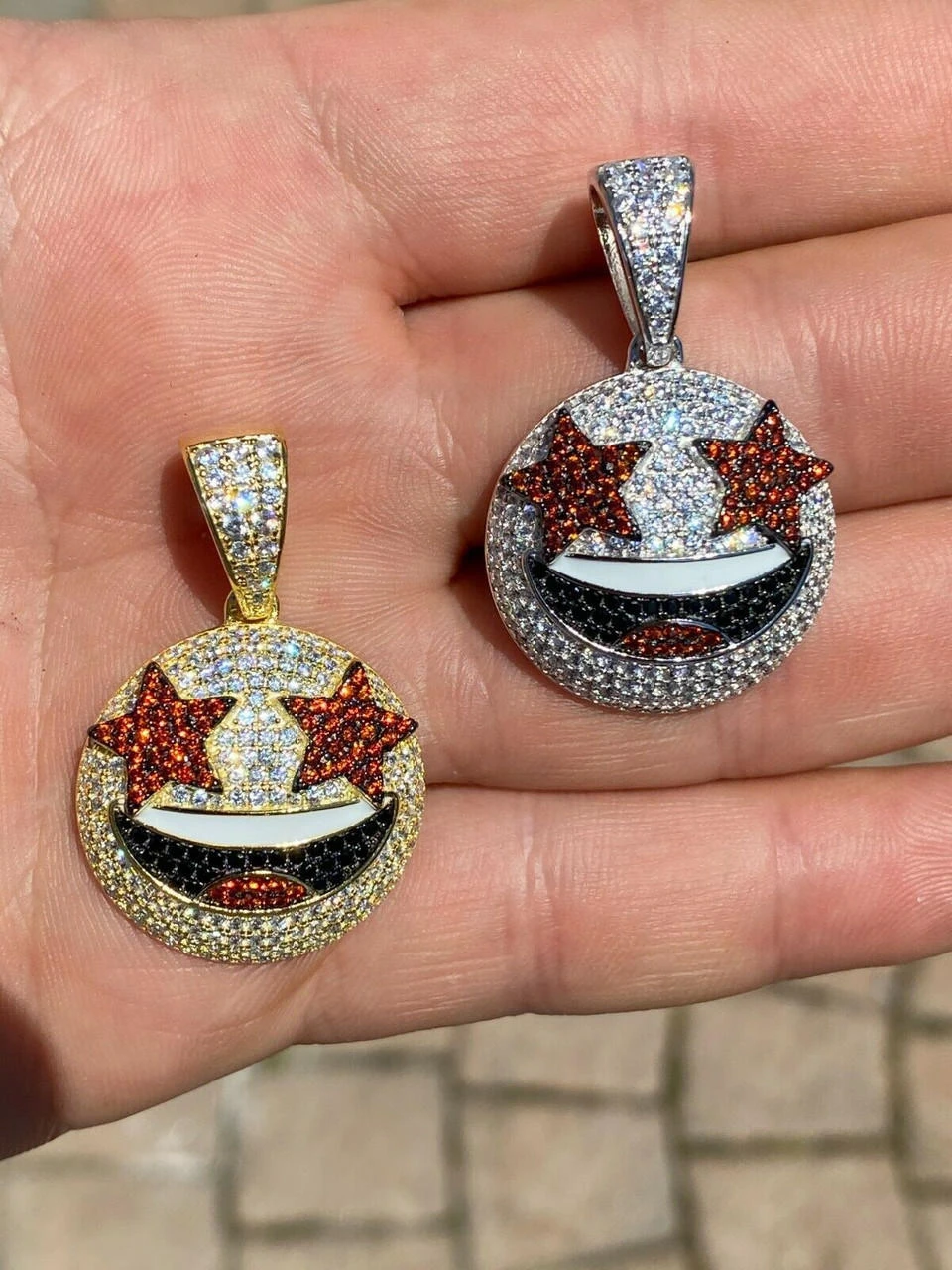 Real 925 Silver Hip Hop Star Struck Emoji Pendant Necklace Iced 4 Real 925 Silver Hip Hop Star Struck Emoji Pendant Necklace Iced - Image 2