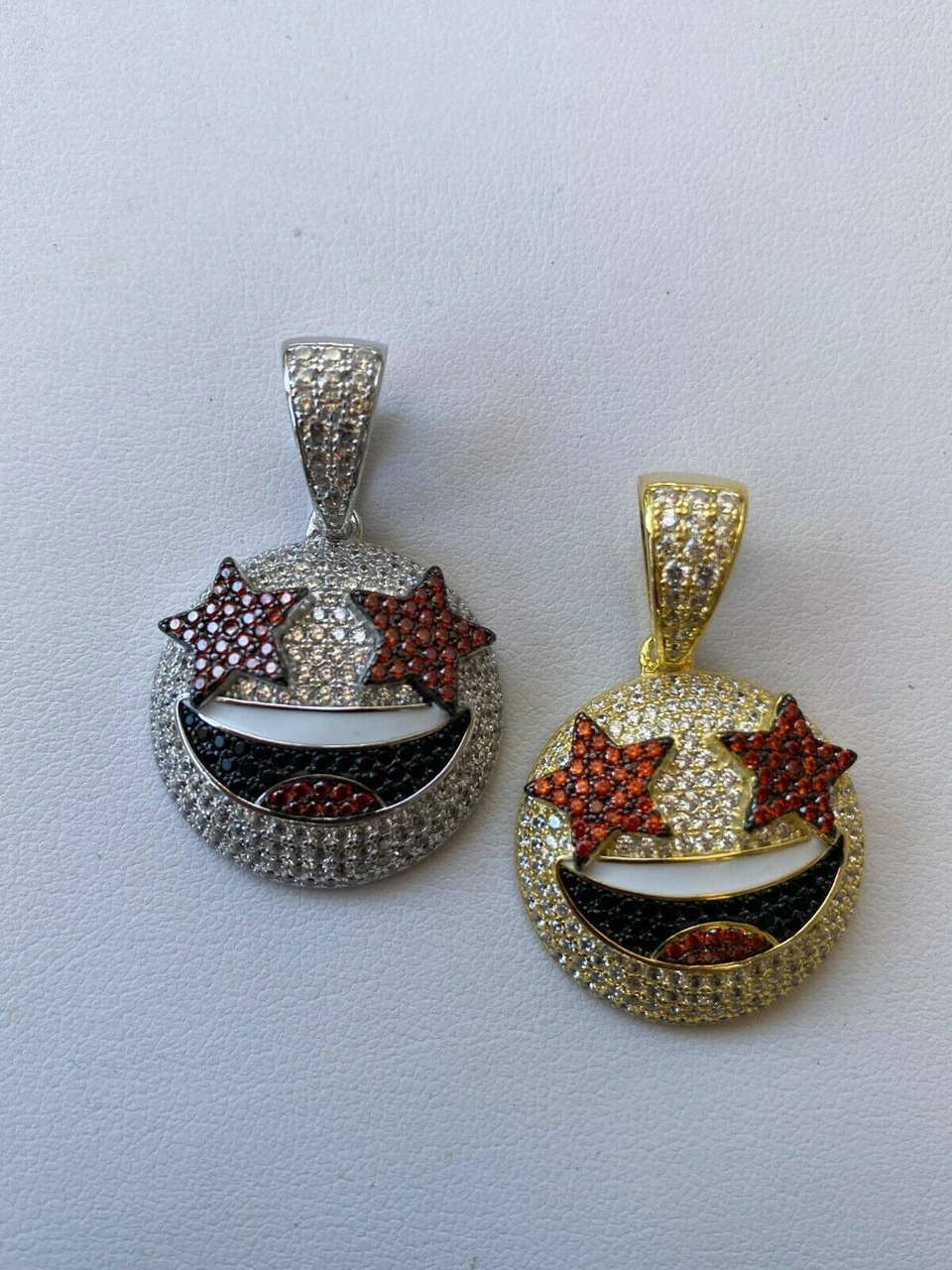 Real 925 Silver Hip Hop Star Struck Emoji Pendant Necklace Iced 17 Real 925 Silver Hip Hop Star Struck Emoji Pendant Necklace Iced - Image 15