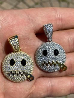Real 925 Silver HipHop Zipper Mouth Emoji Pendant Necklace Iced