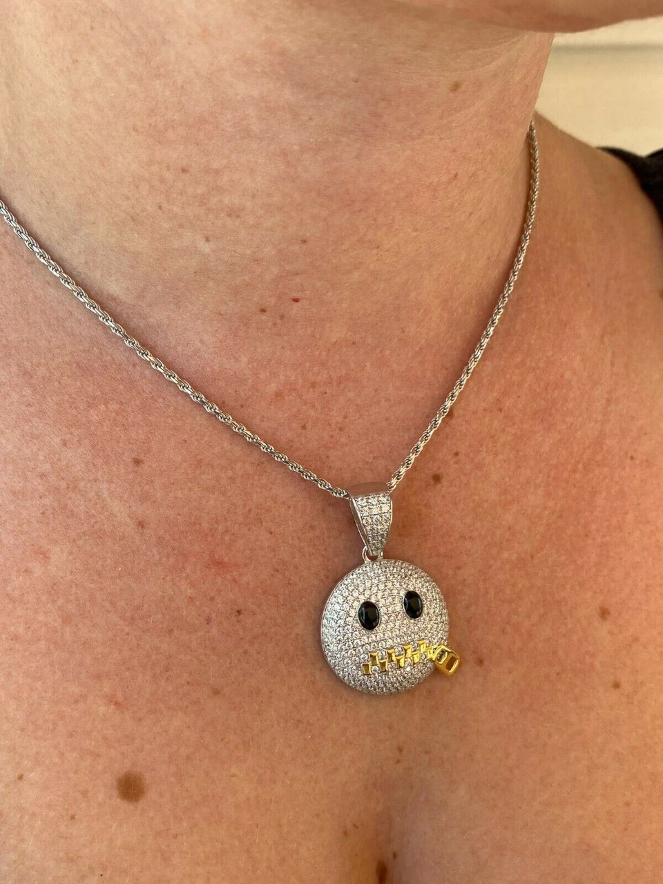 Real 925 Silver HipHop Zipper Mouth Emoji Pendant Necklace Iced 8 Real 925 Silver HipHop Zipper Mouth Emoji Pendant Necklace Iced - Image 6