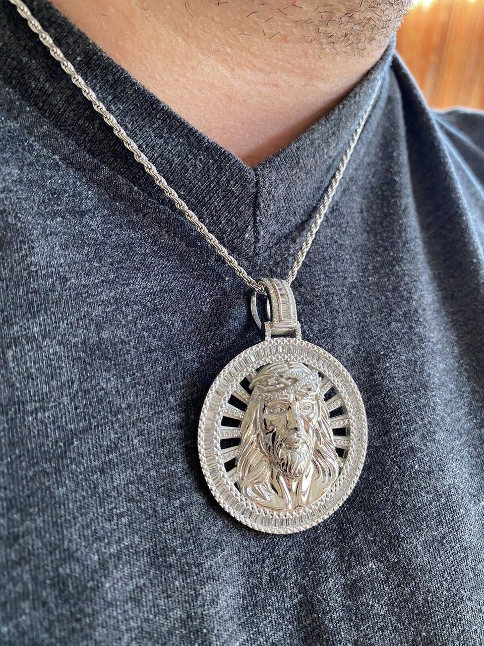 Real 925 Silver - Jesus Piece Necklace Pendant Iced Large Baguette Medallion 5 Real 925 Silver - Jesus Piece Necklace Pendant Iced Large Baguette Medallion - Image 3