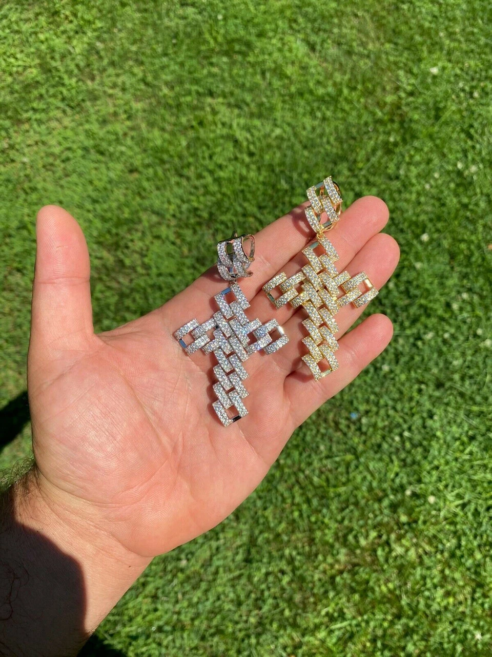 Real 925 Silver Large Hip Hop Men's Prong Cuban Cross Pendant Iced Necklace Gold 5 Real 925 Silver Large Hip Hop Men's Prong Cuban Cross Pendant Iced Necklace Gold - Image 3