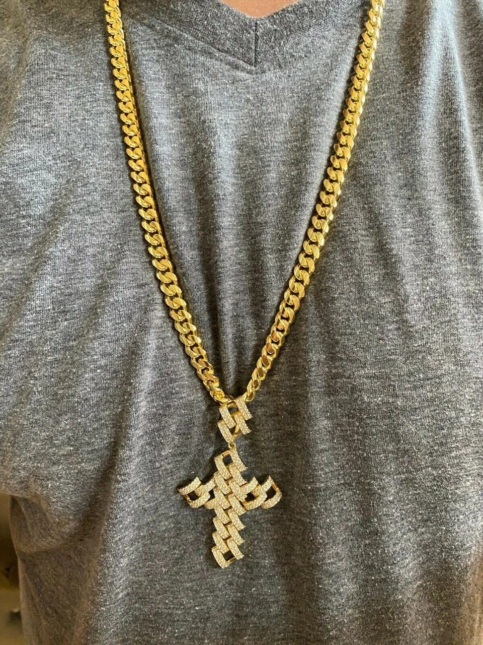 Real 925 Silver Large Hip Hop Men's Prong Cuban Cross Pendant Iced Necklace Gold 8 Real 925 Silver Large Hip Hop Men's Prong Cuban Cross Pendant Iced Necklace Gold - Image 6