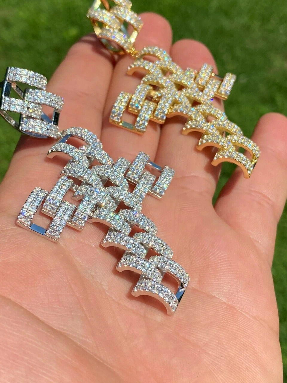 Real 925 Silver Large Hip Hop Men's Prong Cuban Cross Pendant Iced Necklace Gold 6 Real 925 Silver Large Hip Hop Men's Prong Cuban Cross Pendant Iced Necklace Gold - Image 4