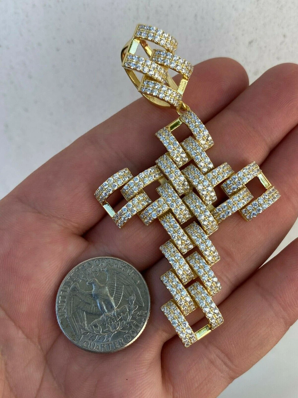 Real 925 Silver Large Hip Hop Men's Prong Cuban Cross Pendant Iced Necklace Gold 12 Real 925 Silver Large Hip Hop Men's Prong Cuban Cross Pendant Iced Necklace Gold - Image 10